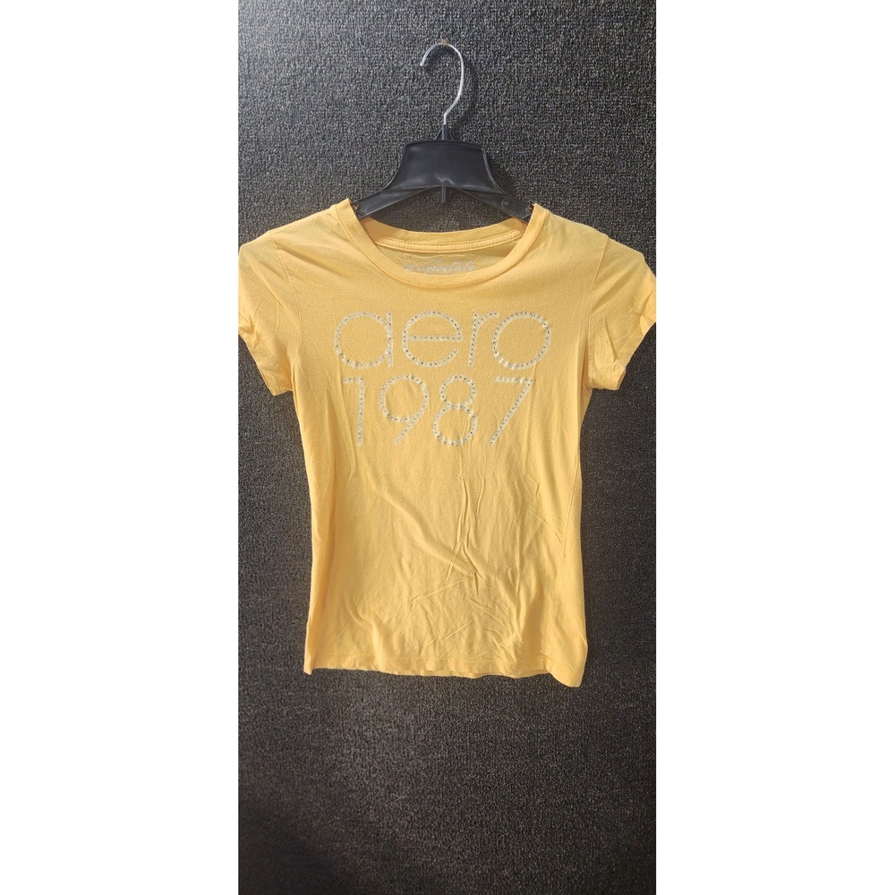 Y2K Aeropostale Womens Yellow Aero 1987 Rhinestone Graphic Tee Shirt Large L
